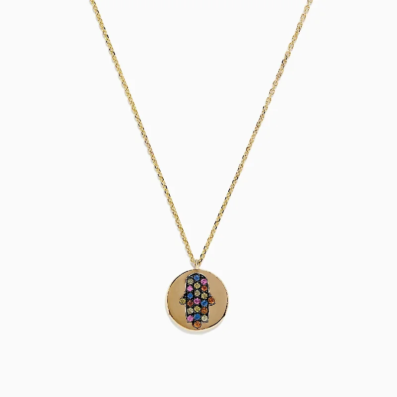 Custom Engraving Necklaces -14K Yellow Gold Multi Sapphire and Diamond Hamsa Necklace, 0.33 TCW