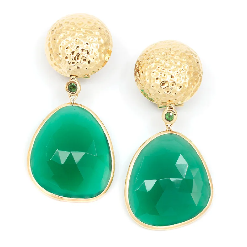 Small Dangle Earrings-Hammered Gold Earring with Tsavorite & Green Onyx Pendants