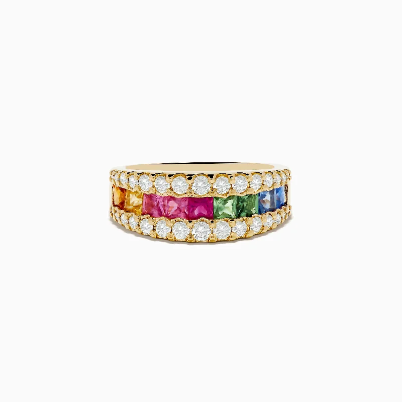 Handcrafted rings-Watercolors 14K Yellow Gold Multi Color Sapphire and Diamond Ring