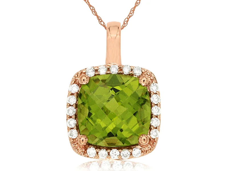 Birthstone Gemstone Necklaces -Rose Gold Cushion Cut Peridot Halo Pendant Necklace