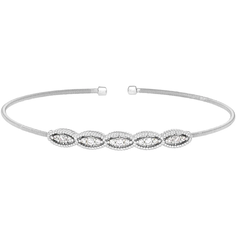 Classic Leather Bracelets For Men-Rhodium Finish Sterling Silver Cable Cuff Bracelet with Five Simulated Diamond Marquise Shapes