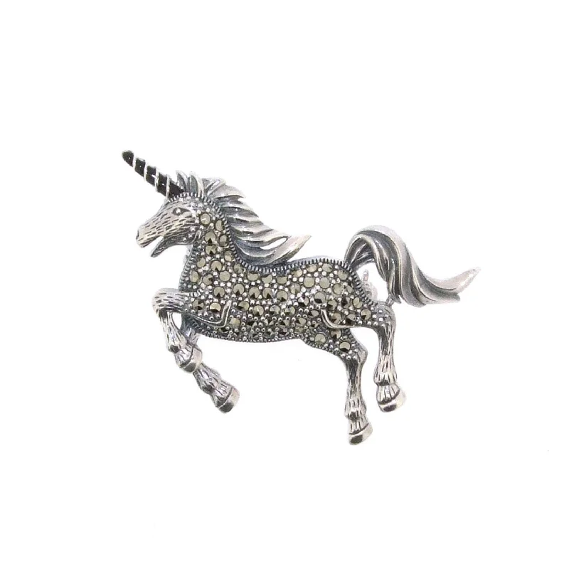 Vintage Pendant Necklaces -Unicorn Brooch Silver Marcasite Pendant Necklace