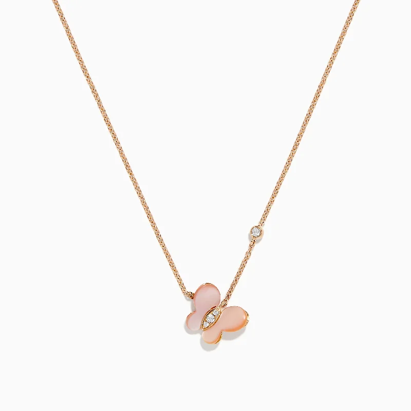 Personalized Infinity Bar Necklaces -14K Rose Gold Mother of Pearl and Diamond Butterfly Necklace, 0.05 TCW