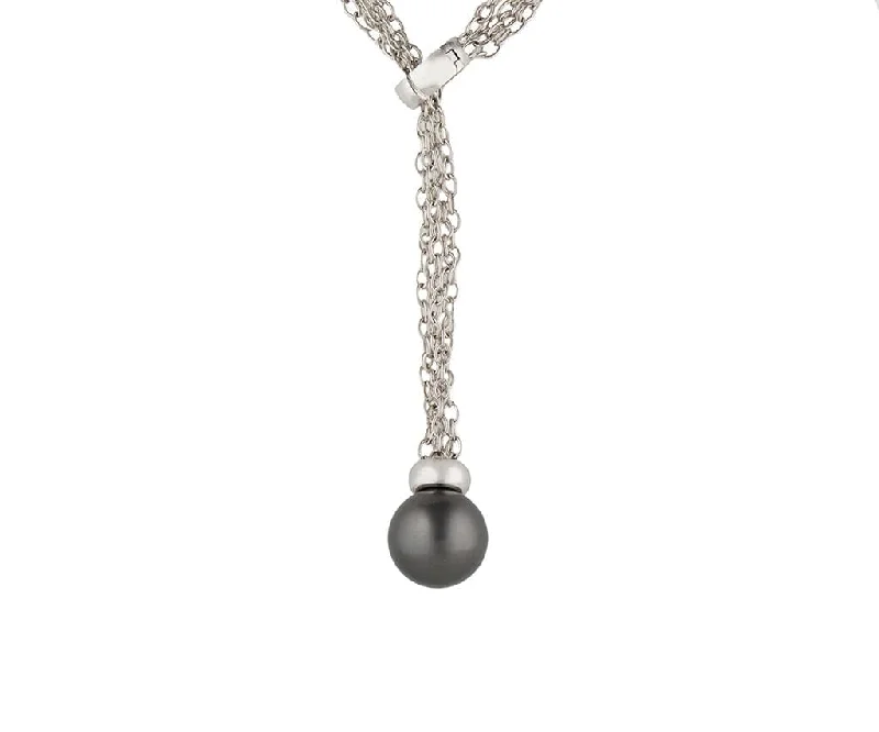 Gold Necklaces -Black Tahitian Pearl Lariat Adjustable Necklace in 18K