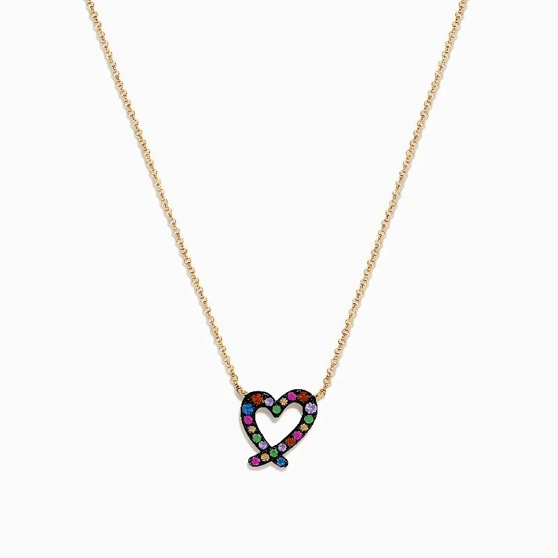 Unique Chain Necklaces -Watercolors 14K Yellow Gold Multi Sapphire Open Heart Necklace