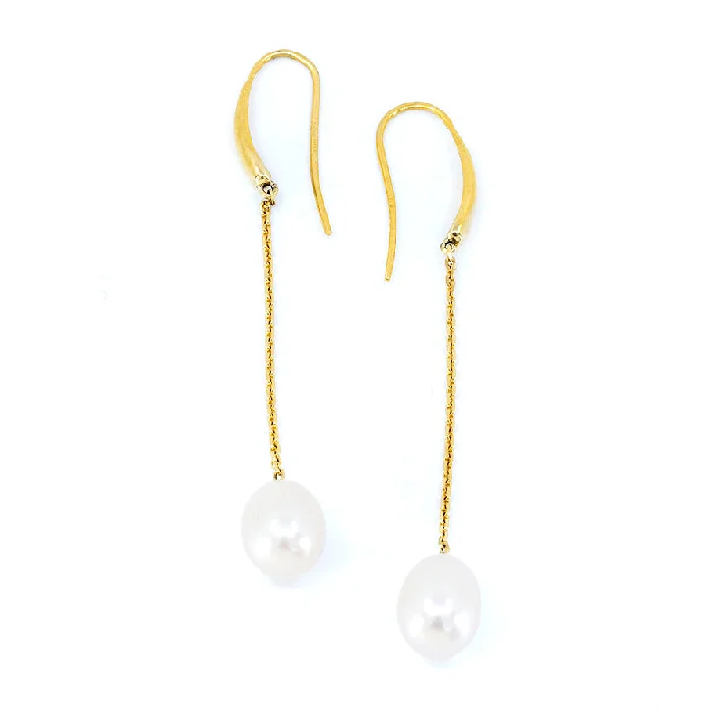 Simple Gold Earrings Set-Freshwater Pearl on a Chain Drop Earring