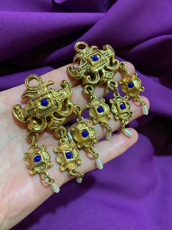 Stud Earrings Set-Gold lapis blue chandelier earrings