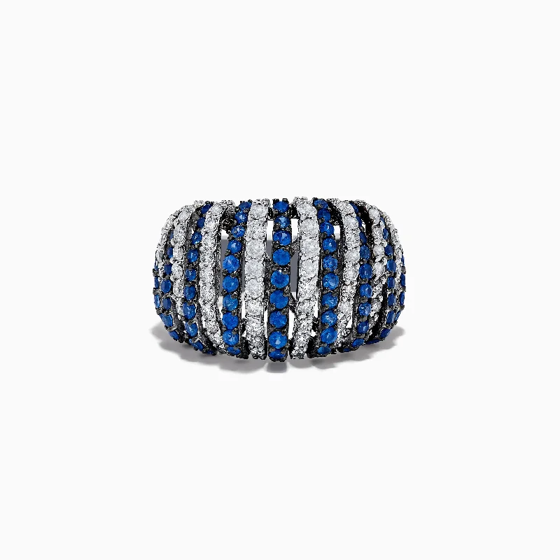 Affordable diamond engagement rings-14K White Gold Blue Sapphire and Diamond Striped Ring