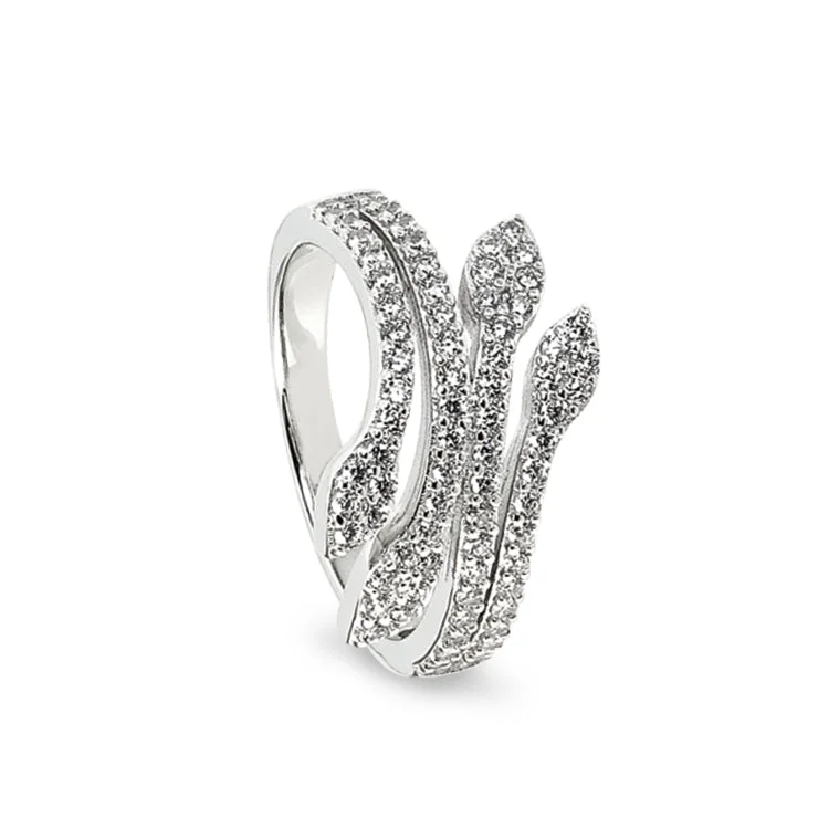 Custom rings for special occasions-Platinum Finish Sterling Silver Micropave Leaf Ring with Simulated Diamonds