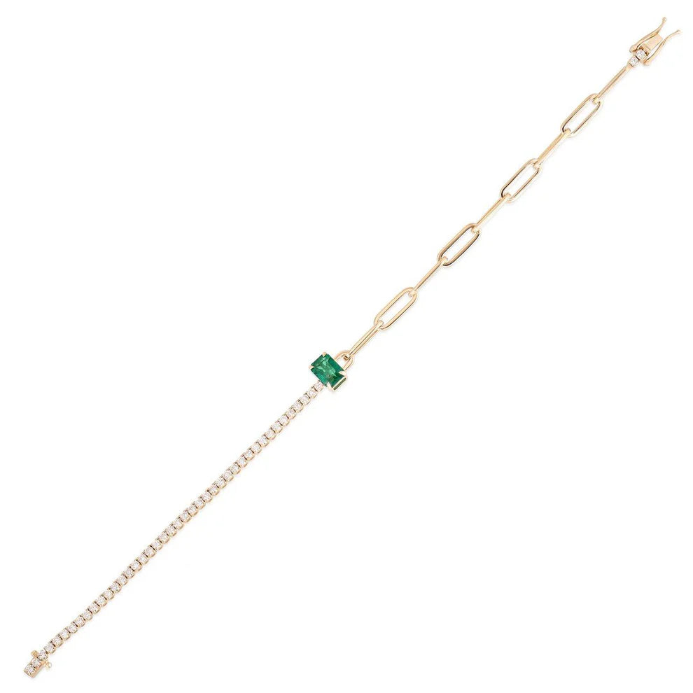 Designer Charm Bracelets For Women-50/50 Paperclip Chain, Emerald and Diamond Bracelet