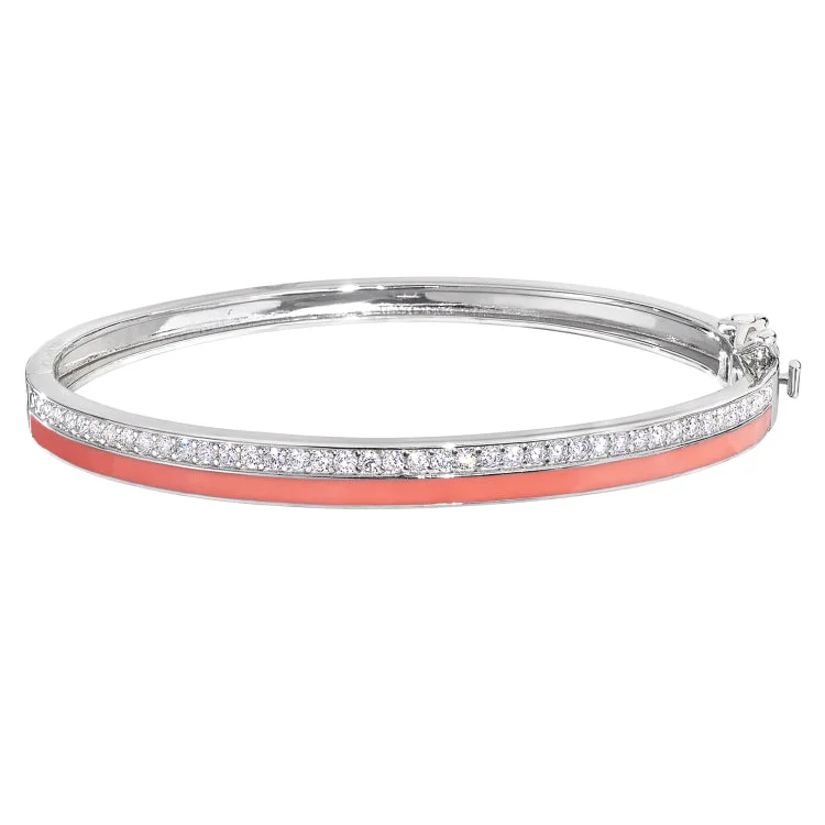 Simple Chain Bracelets For Women-Platinum Finish Sterling Silver Micropave Hinged Bangle Bracelet with with Coral Enamel and Simulated Diamonds