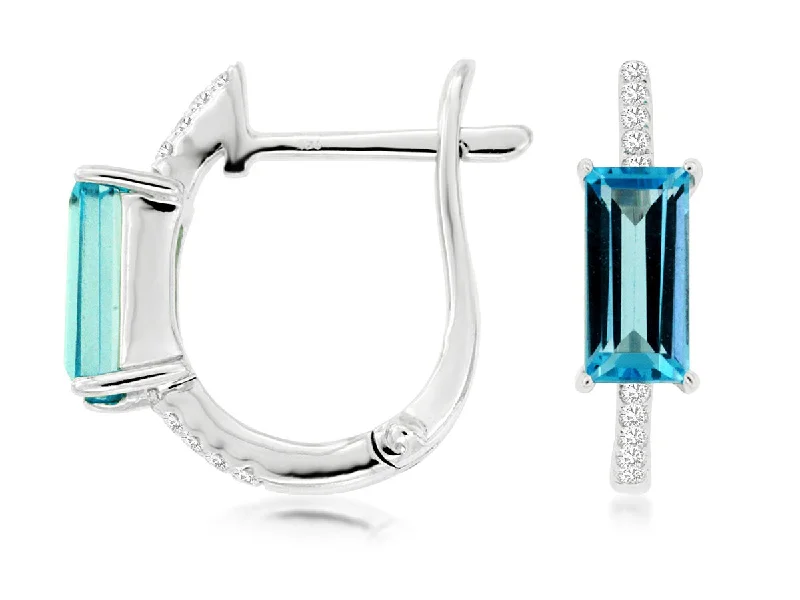 Silver Hoop Earrings For Men-14K White Gold Emerald Cut Blue Topaz Diamond Hoop Earrings