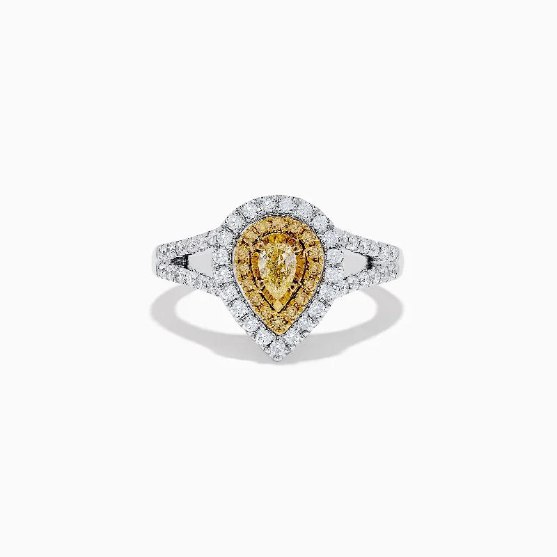 Custom-designed wedding bands for women-Canare 18K Two-Tone Gold Pear Shaped Double Halo Yellow Diamond Ring