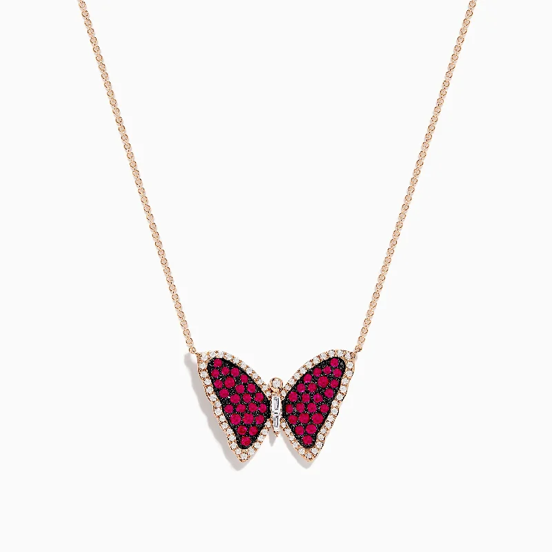 Double Layer Necklaces -Ruby Royale 14K Rose Gold Ruby Butterfly Necklace