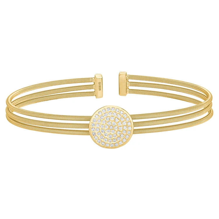 Adjustable Bracelets For Fashion-Gold Finish Sterling Silver Three Cable Cuff One Circle Bracelet with Simulated Diamonds