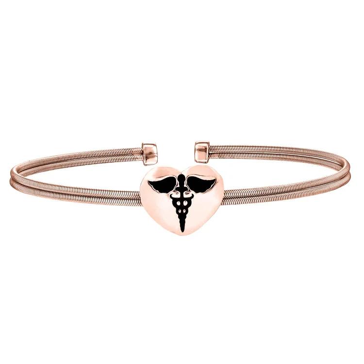 Men's Adjustable Leather Bracelets-Rose Gold Finish Sterling Silver Two Cable Cuff Bracelet with a Centeral Heart with a Caduceus.