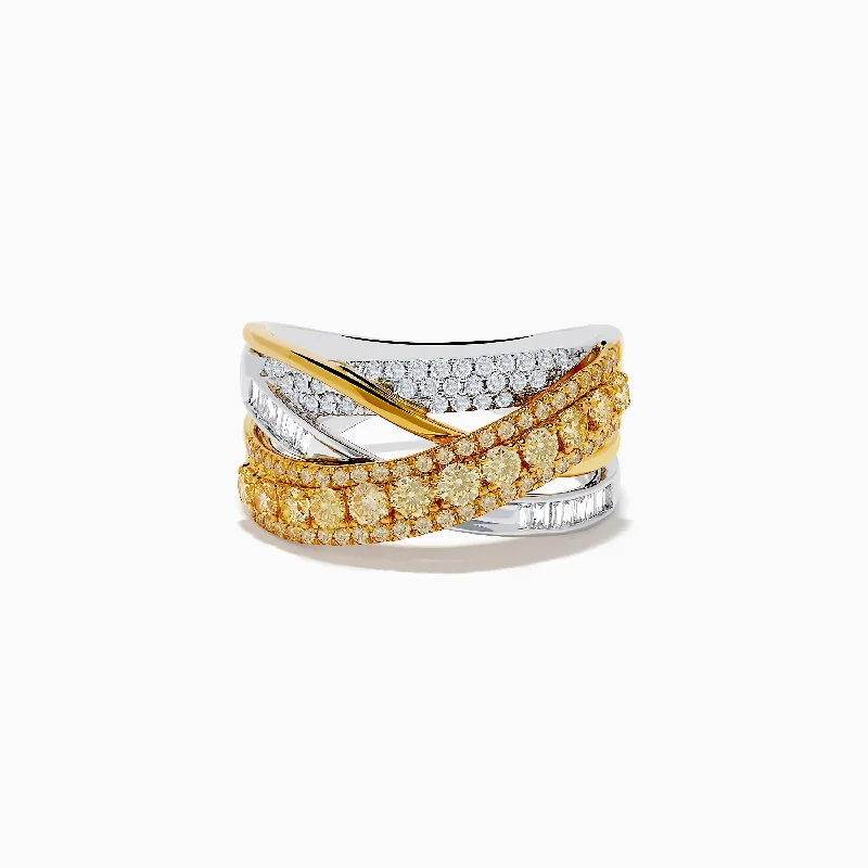 Custom birthstone rings-Canare Two-Tone White & Yellow Diamond Criss Cross Ring