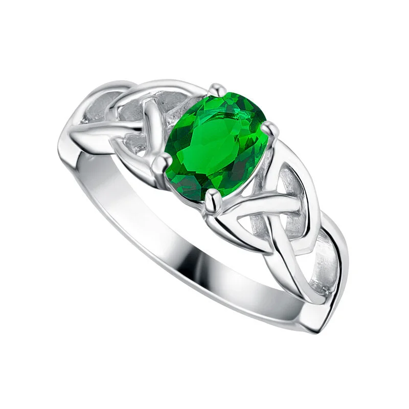 Affordable gold wedding bands-Sterling Silver Green Crystal Trinity Ring