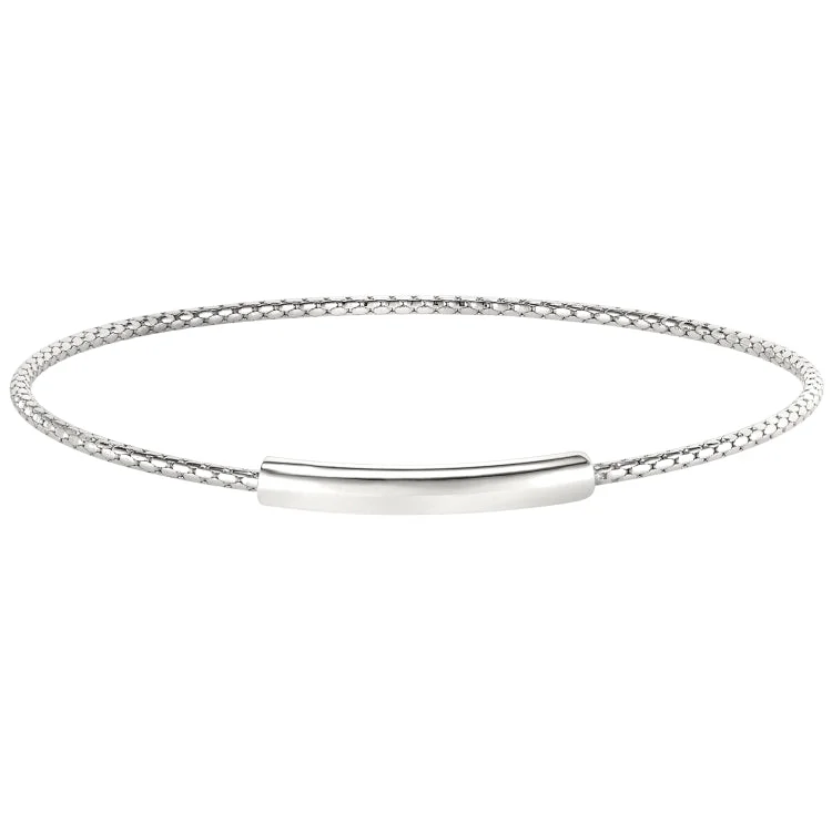 Stackable Leather Bracelets For Men-Rhodium Finish Sterling Silver Opening Corean Cable Bangle Bracelet with High Polished Bar