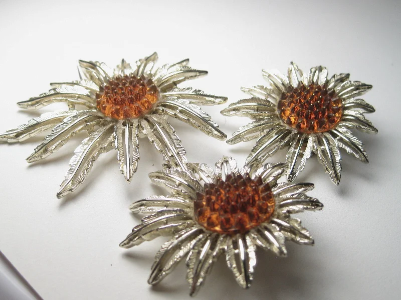 Bridal Silver Earrings-Vintage Sunflower Brooch & Clip Earrings Set, Sarah Coventry, Gold Tone, 1970's