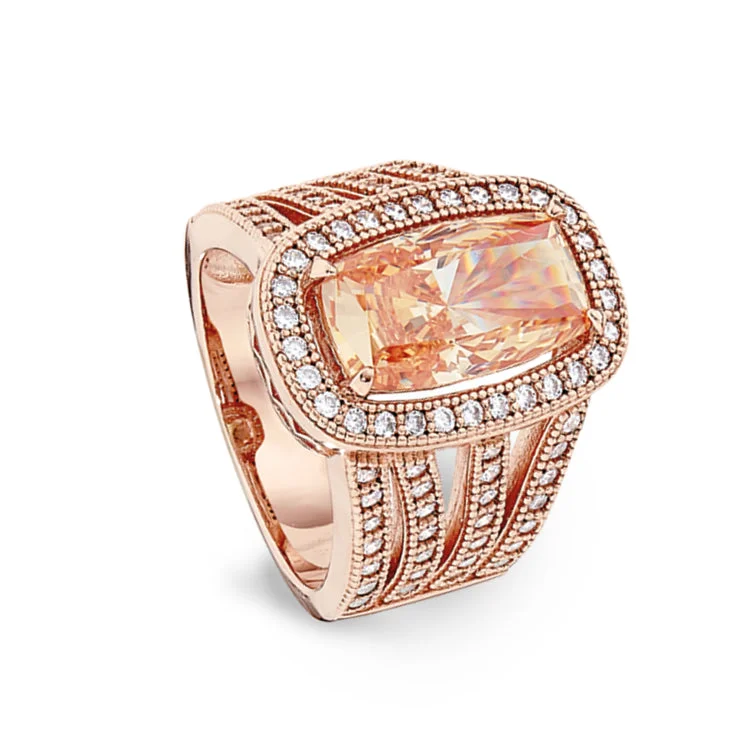 Custom wedding rings with personalized engravings-Rose Gold Finish Sterling Silver Micropave Ring with Light Champagne Colored Stone and Simulated Diamonds