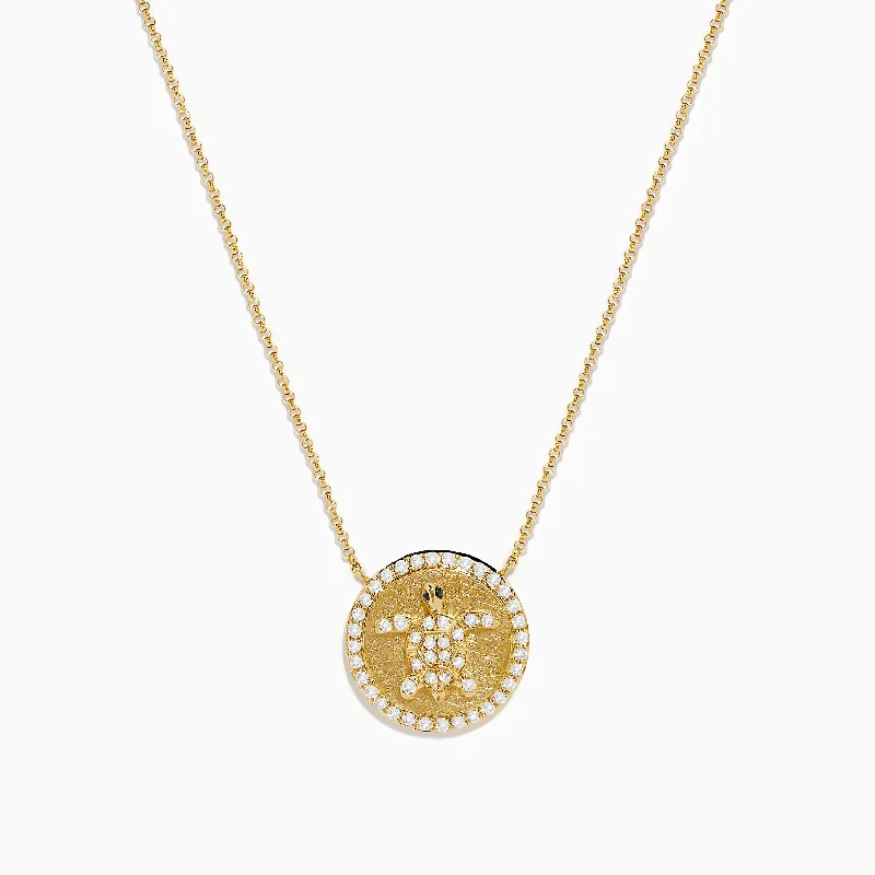 Lucky Coin Necklaces -Seaside 14K Yellow Gold White and Black Diamond Turtle Necklace