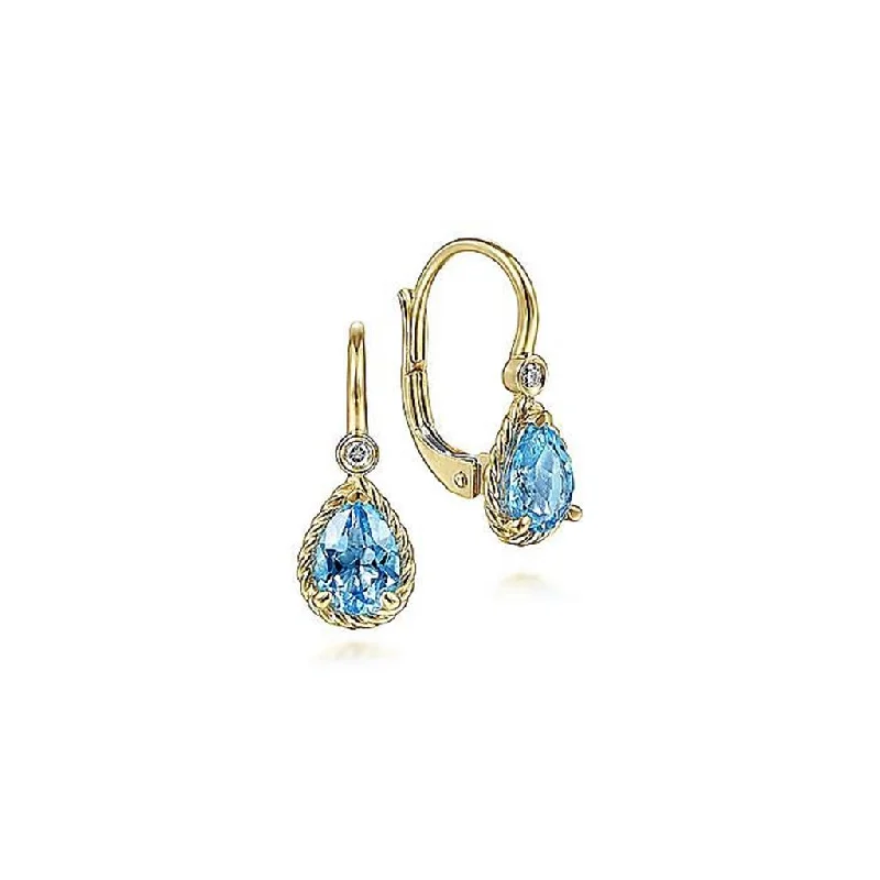 Handmade Hoop Earrings-Gabriel & Co 14k Yellow Gold Blue Topaz and Diamond Drop Earrings