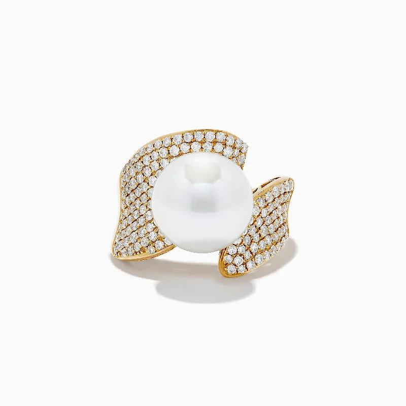 Wedding bands with diamonds-14K Yellow Gold Fresh Water Pearl and Diamond Ring