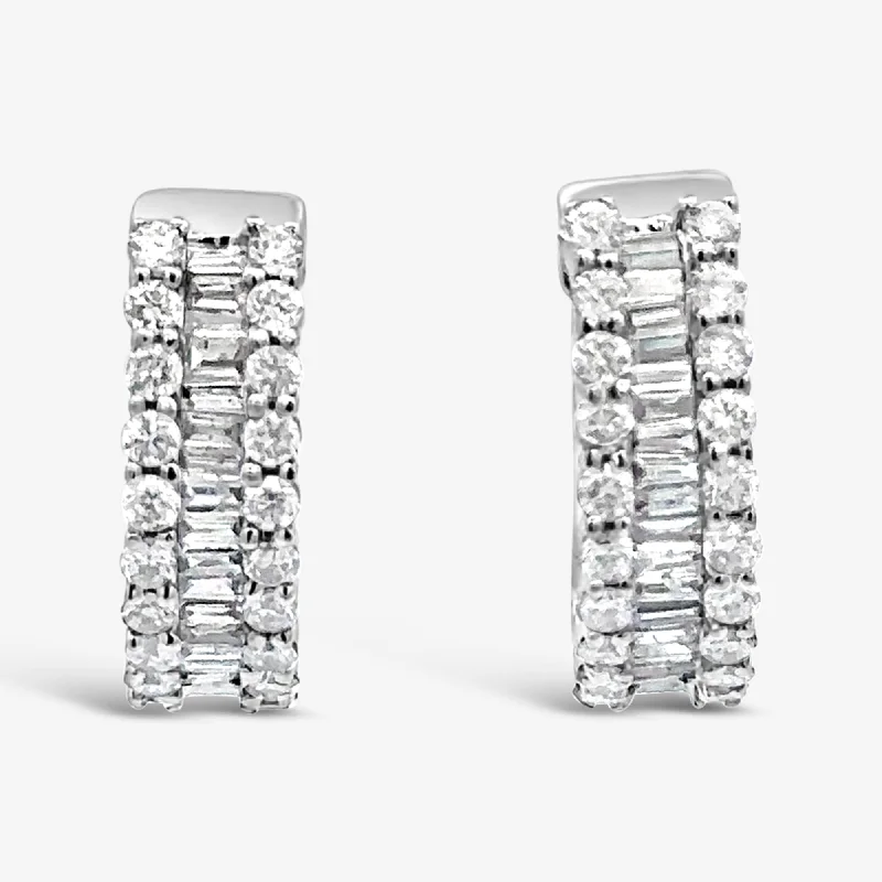 Silver Hoop Earrings For Men-3 Row Baguette & Round Diamond Huggie Earrings