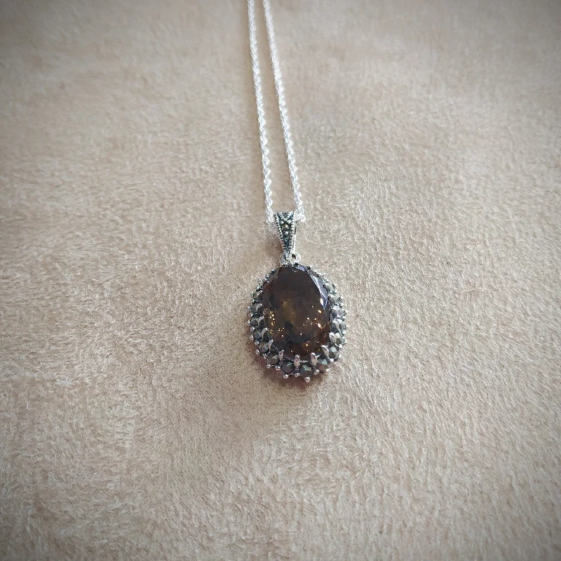 Birthstone Necklaces -Smoky Quartz Oval Pendant Necklace Silver Marcasite