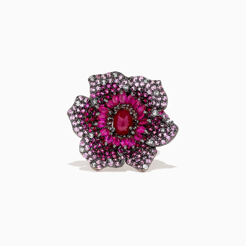 Custom diamond rings-14K Rose Gold Ruby, Sapphire and Diamond Flower Ring, 5.92 TCW