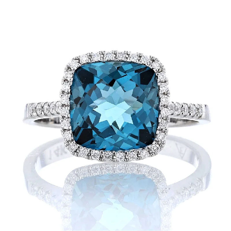 Custom rings for couples-Cushion London Blue Topaz & Diamond Halo Ring