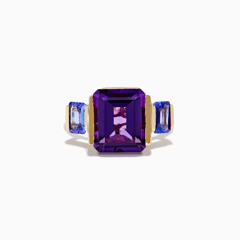 Custom sterling silver rings-14K Yellow Gold Amethyst and Tanzanite 3 Stone Ring