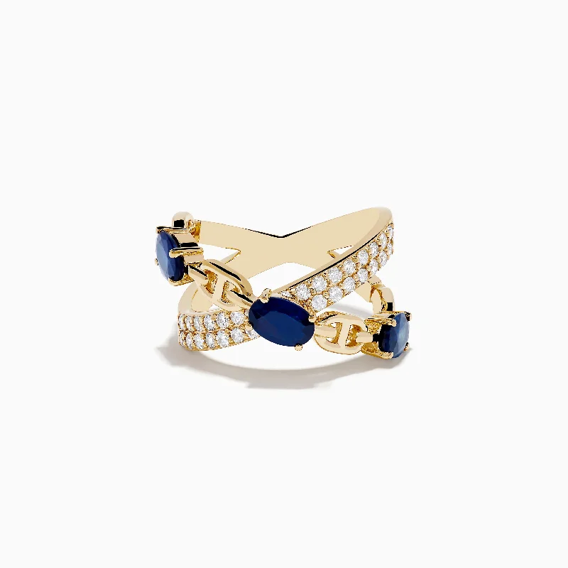 Birthstone rings-Royal Bleu 14K Yellow Gold Sapphire and Diamond Criss Cross Chain Link Ring