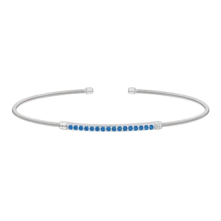 Multi-layer Bracelets For Women-Rhodium Finish Sterling Silver Cable Cuff Bracelet with Simulated Blue Zircon Birth Gems - December