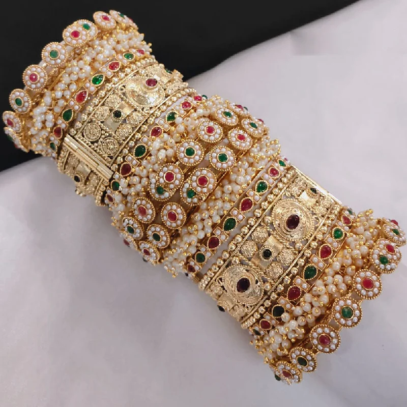 Simple Elegant Bangles Set-Lucentarts Jewellery Gold Plated Pota Stone And Pearls Openable Bangles Set