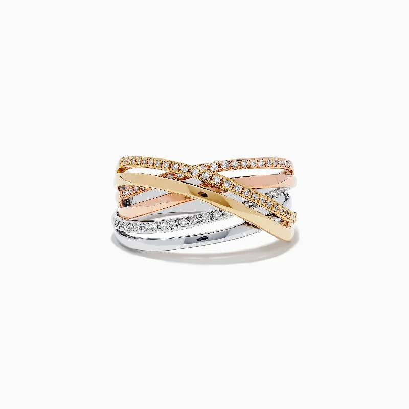 Wedding rings for bridesmaids-Trio 14K Three-Tone Gold Diamond Crossover Ring