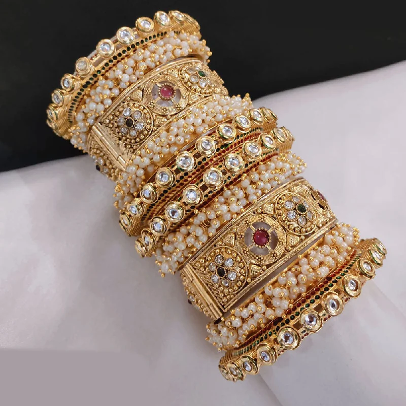 Silver Bangles With Gold Accents-Akruti Collection Gold Plated Pota Stone And Pearl Openable Bangle Set