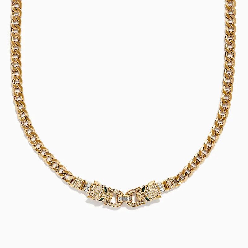 Beaded Necklaces -Signature 14K Yellow Gold Diamond and Emerald Panther Necklace