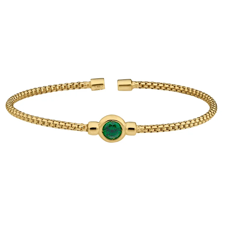 Personalized Charm Bracelets For Women-Gold Finish Sterling Silver Rounded Box Link Cuff Bracelet with Bezel Set Simulated Emerald Birth Gem