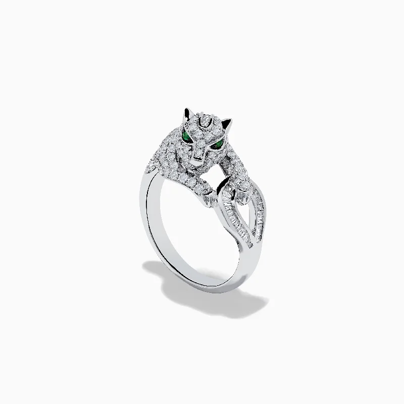 Wedding bands with engravings-Signature 14K White Gold Emerald and Diamond Panther Ring