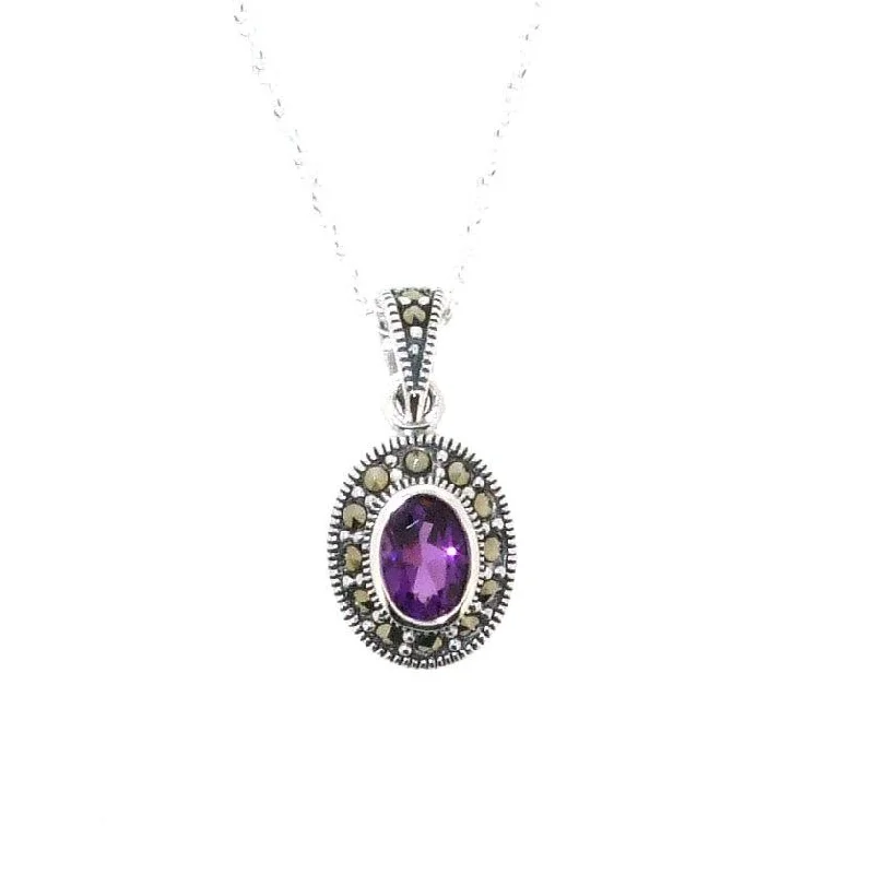 Silver Coin Necklaces -Amethyst Purple Pendant Necklace Silver Marcasite on chain