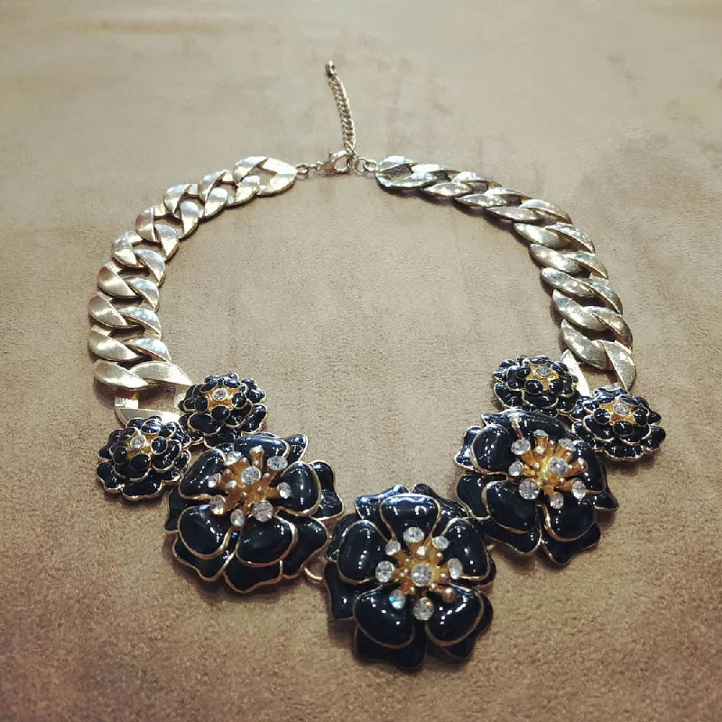 Birthstone Bar Necklaces -Black Enamel Floral Statement Necklace