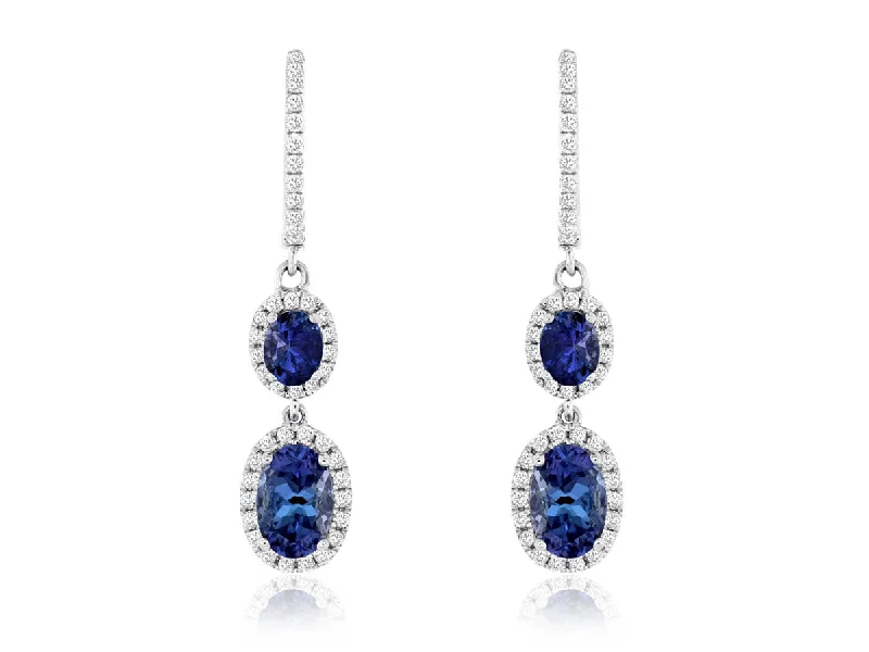 Romantic Earrings-14k White Gold 2 Oval Tanzanite Diamond Halo Dangle Earrings