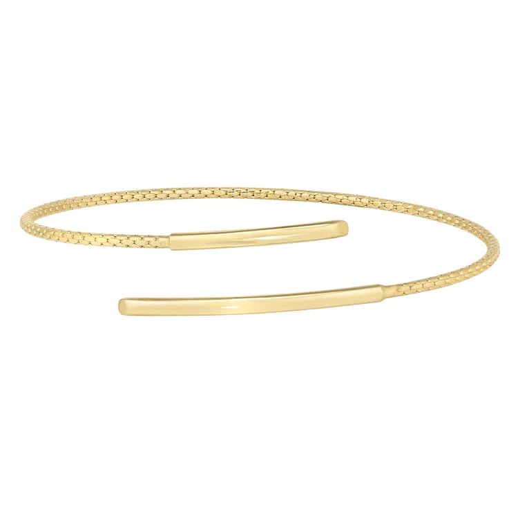 Stylish Tennis Bracelets For Women-Gold Finish Sterling Silver Corean Cable Cuff Bracelet with a Polished Bar on Each End.