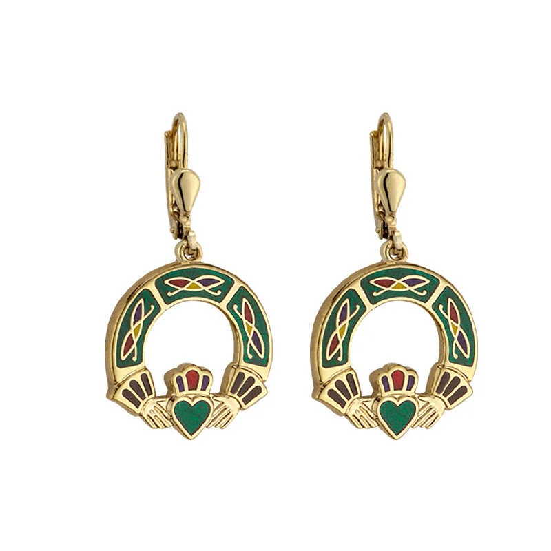 Dangle Earrings For Weddings-Gold Plated Green Claddagh Earrings