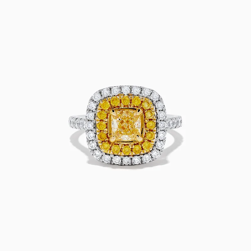 Custom wedding rings with rubies for men-Canare 14k Two Tone Gold Cushion Cut Double Halo Yellow Diamond Ring 1.86 TCW