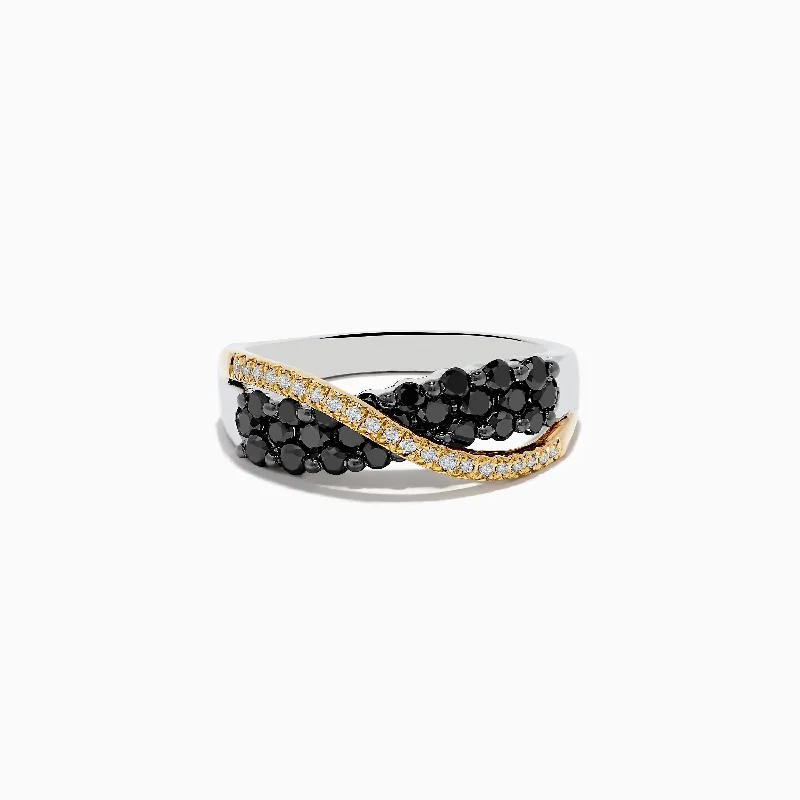 Elegant wedding rings for women-14K Two-Tone Gold Black and White Diamond Crossover Ring