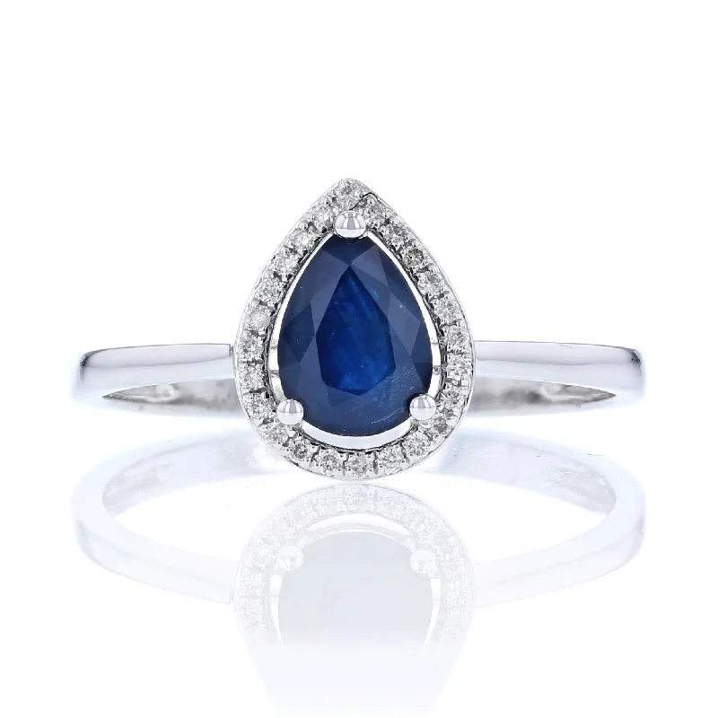 Engagement rings with birthstones-Sapphire & Diamond Pear Halo Ring