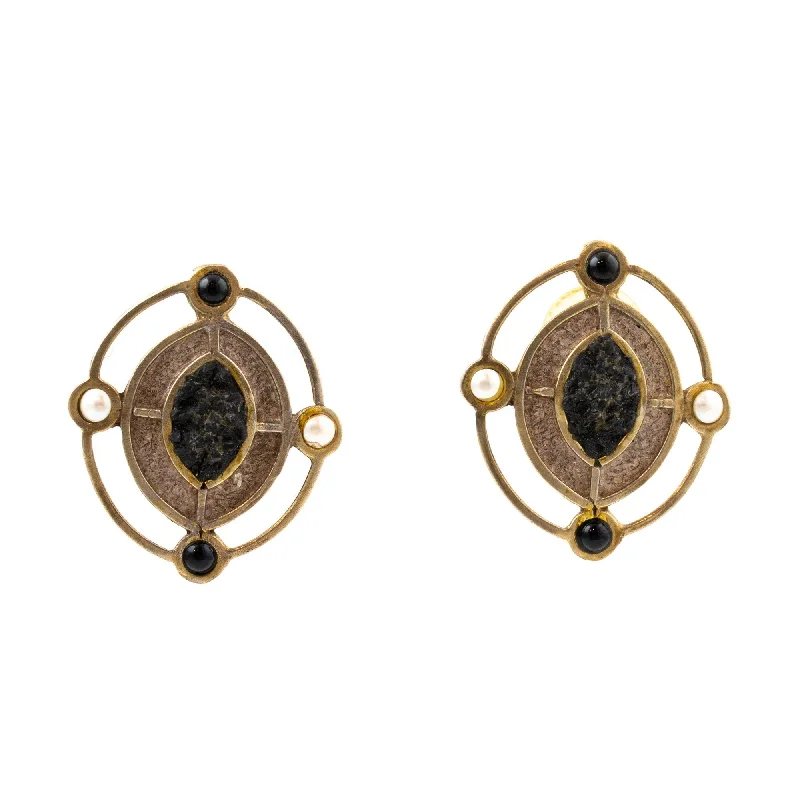 Custom Hoop Earrings-Brass Black Stone & Pearl Earrings